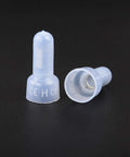 Two blue nylon insulated closed-end crimp terminals, one standing and one side view, for 22-16/16-14/12-10 AWG wiring