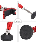Close-up of the red Motorcycle Front And Rear Wheel Stand Lift Portable Trail Stand, showing adjustable components and rubber base.