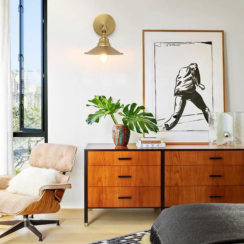 Vintage Industrial Wall Sconce 2 Pack Dimmable Metal Fixture Lighting in living room over wooden dresser with artwork and chair