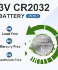 3V CR2032 Battery image showcasing lead-free, mercury-free, cadmium-free details for Top Shelf CR2032 Batteries Six Pack Workhorse.