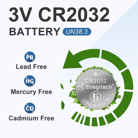 3V CR2032 Battery image showcasing lead-free, mercury-free, cadmium-free details for Top Shelf CR2032 Batteries Six Pack Workhorse.