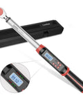 Digital Torque Wrench 3/8 Inch Drive With Angle, Preset Value And LED Alerts, 5 To 99.5 Ft-Lb, display showing setting, tool with case