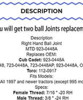 Beefed-Up Tractor Ball Joints Replacement Kit Fits MTD Cub Cadet Troy-Bilt Huskee Toro Lawn Tractors 923-0448 923-0448A 723-0448 723-0448A Easy Plug-And-Play Install For Quick Yard Work, printed product spec sheet with thread sizes