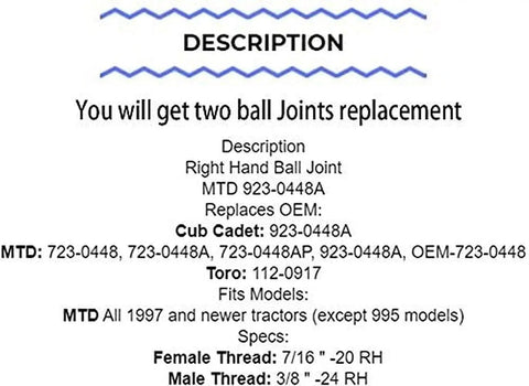 Beefed-Up Tractor Ball Joints Replacement Kit Fits MTD Cub Cadet Troy-Bilt Huskee Toro Lawn Tractors 923-0448 923-0448A 723-0448 723-0448A Easy Plug-And-Play Install For Quick Yard Work, printed product spec sheet with thread sizes