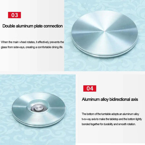 Double Layer Quiet Bearing Lazy Susan Turntable With Tempered Glass Edge, aluminum base detail, smooth rotating plate in kitchen use