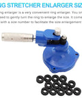 Portable Ring Stretcher And Expander Tool Featuring 13 Heavy Duty Dies For No Sweat Jewelry Resizing with blue manual tool and black sizing rings.