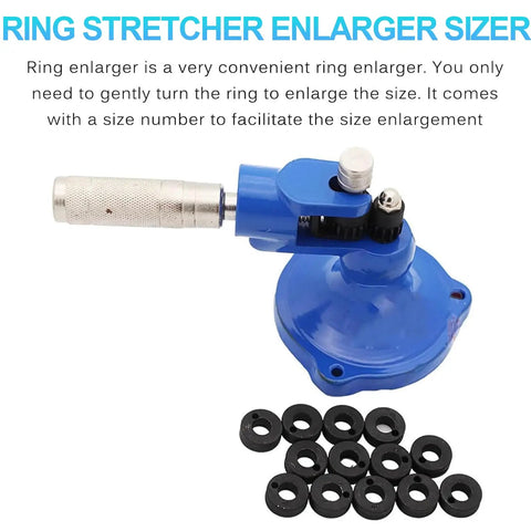 Portable Ring Stretcher And Expander Tool Featuring 13 Heavy Duty Dies For No Sweat Jewelry Resizing with blue manual tool and black sizing rings.