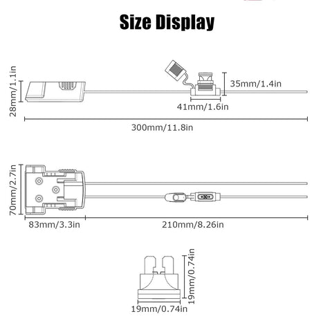 Size display of 2 Pack 18V Power Wheel Battery Adapter Kit with 12AWG wire and holder for DIY projects