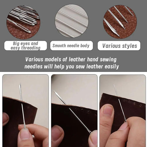 Various needles from Heavy Duty Waxed Upholstery Thread Kit With 273 Yards Pro Grade Straight Awl And 18 Heavy Duty Needles For Leather Repair DIY Stitching And Crafting For Home Projects Black used for sewing leather.