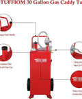 Front view of 30 Gallon Portable Heavy Duty Gas Caddy With Wheels, Fuel Storage Tank For Gasoline And Diesel, featuring siphon pump and handle
