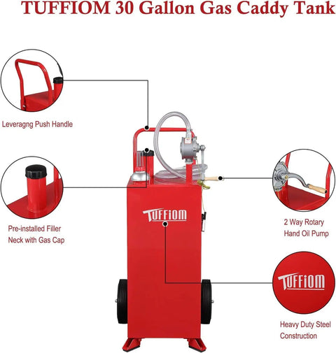 Front view of 30 Gallon Portable Heavy Duty Gas Caddy With Wheels, Fuel Storage Tank For Gasoline And Diesel, featuring siphon pump and handle