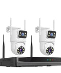 Rock Solid 6Mp Dual Lens Wireless Surveillance Camera System Includes Integrated Nvr For Crisp Remote Monitoring And Foolproof Home Security Plus Straight Up No Sweat Installation with 2 white cameras and black NVR.