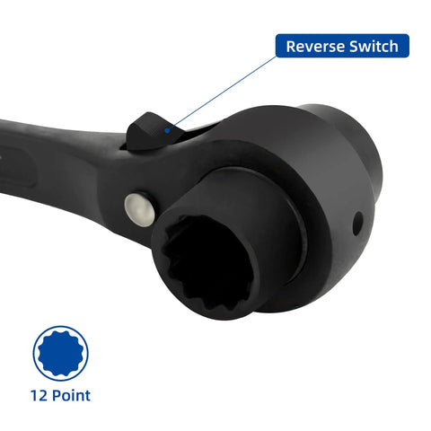 Close-up of Ratcheting Podger Scaffold Spud Wrench With Double Ended Sockets 19mm And 22mm, showing reverse switch and 12-point socket.