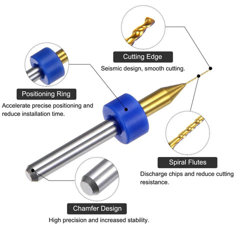 Diagram of Ten Piece PCB Drill Bit Set 0.3mm Titanium Coated Carbide Micro Twist Bits With One Eighth Inch Shank, showing features.