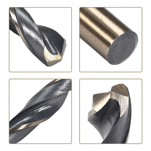 Top Shelf Heavy Duty Workhorse 12 mm Straight Shank Twist Drill Bits with sharp tip and gold titanium finish for precision drilling.