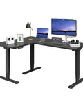 Rock Solid L Shaped Electric Standing Desk Triple Motor Height Adjustable Corner Workstation Sixty Three Inch Heavy Duty Sit Stand Home Office Desktop Smooth Operator For Multi Monitor Displays Black with monitors and accessories.