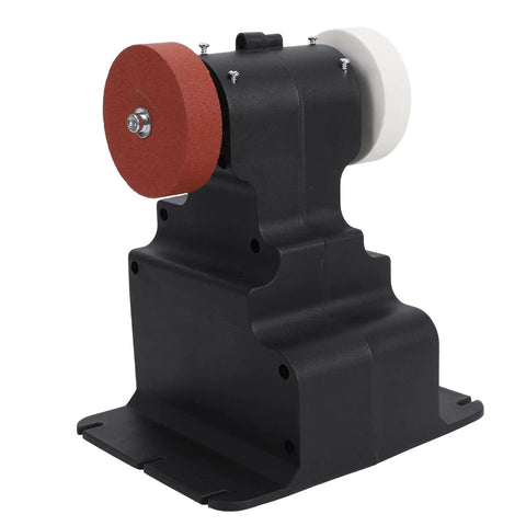 Heavy Duty Mini Bench Grinder With Powerful Copper Motor And Coarse Fine Grinding Wheels For Metal Polishing Sharpening Kit side view showing dual grinding wheels and sturdy base.
