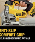 Person holding Cordless Jigsaw 20V Max Tool Only, All Metal Lever Action Blade Change with anti-slip grip near wood edge.