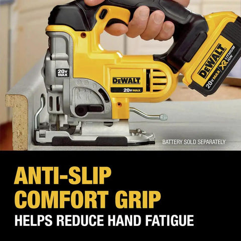 Person holding Cordless Jigsaw 20V Max Tool Only, All Metal Lever Action Blade Change with anti-slip grip near wood edge.