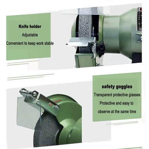 5 Inch Bench Grinder Cranking 3000 Rpm Pure Copper Motor with adjustable knife holder and transparent safety goggles included.