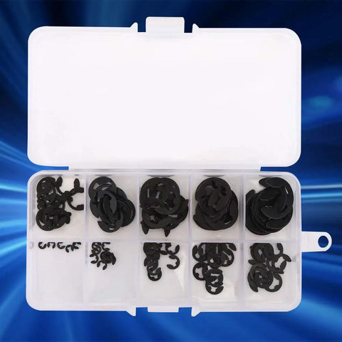 E Clamp Holder Snap Circlip Kit Set With 120 Pieces Manganese Steel Retaining Rings showcased in storage box