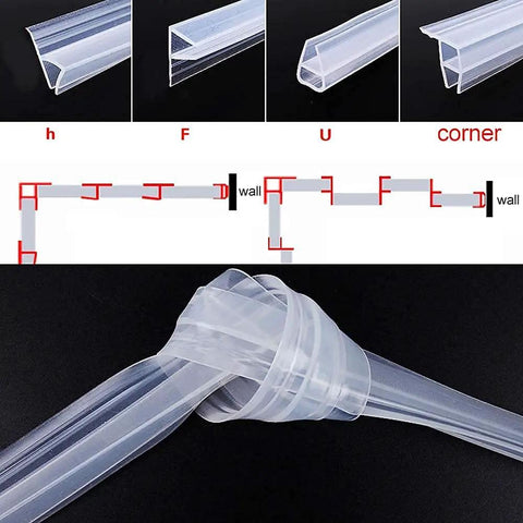 Shower Door Seal Strip For Frameless Glass, 120 Inch Cuttable Length, 20mm Water Retaining Edge, diagrams and folded view