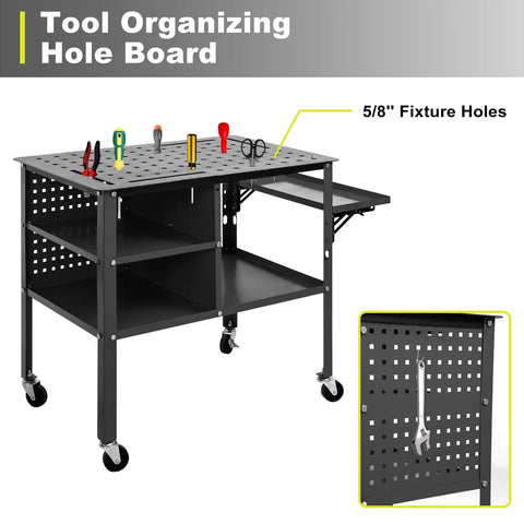 36 By 24 Inch Welding Table With Rolling Cart Heavy Duty Steel Workbench showcasing 5/8 inch fixture holes and tool organizing board.