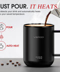 Smart AI Temp Control Heated Coffee Mug With Auto Beverage Detection, 12oz black stainless steel cup pouring hot coffee.