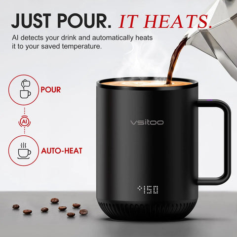Smart AI Temp Control Heated Coffee Mug With Auto Beverage Detection, 12oz black stainless steel cup pouring hot coffee.
