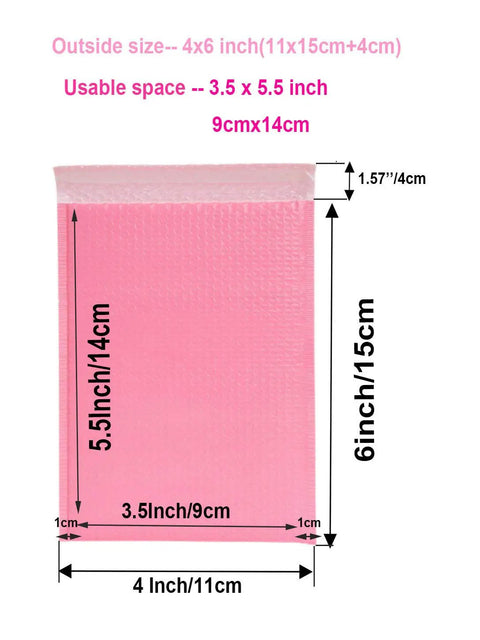 Pink Bubble Mailers 4x6 Inches 25 Pack Padded Self Seal Envelopes with dimensions and usable space shown