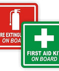 Image of Six 3-Inch Fire Extinguisher And First Aid On Board Vinyl Decals Set Weatherproof Self-Adhesive Labels For Boats Cars Shops Offices.