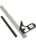 12 Inch Heavy Duty All In One Combo Square With Degree Markings Scriber And Level Spring Loaded Bolt next to a black pencil