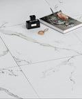 30 Pack White Vinyl Peel And Stick Floor Tiles 12x12 Inch Thick Self Adhesive Marble Look Waterproof Flooring with book and perfume