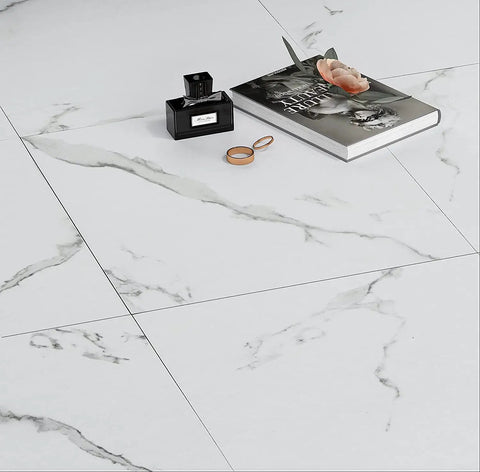 30 Pack White Vinyl Peel And Stick Floor Tiles 12x12 Inch Thick Self Adhesive Marble Look Waterproof Flooring with book and perfume