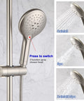 Brushed Nickel Shower System With Adjustable Slide Bar And 10 Inch Rain Shower Head Plus Handheld Spray, dual settings shown