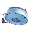 Angled view of blue brake motor with power-off electromagnetic brake and flange mounting
