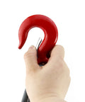 Hand holding red hook, part of Beefy Heavy Duty Lifting Slings With Hooks 5 Ft 2 Pack Polyester Webbing Rigging Straps 4,409 Lb Capacity