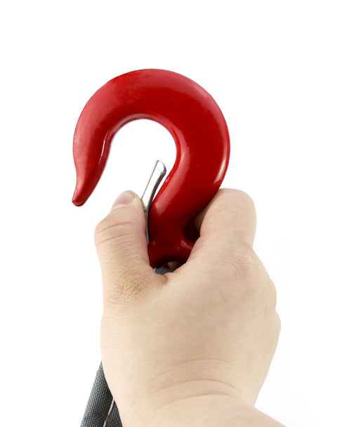 Hand holding red hook, part of Beefy Heavy Duty Lifting Slings With Hooks 5 Ft 2 Pack Polyester Webbing Rigging Straps 4,409 Lb Capacity
