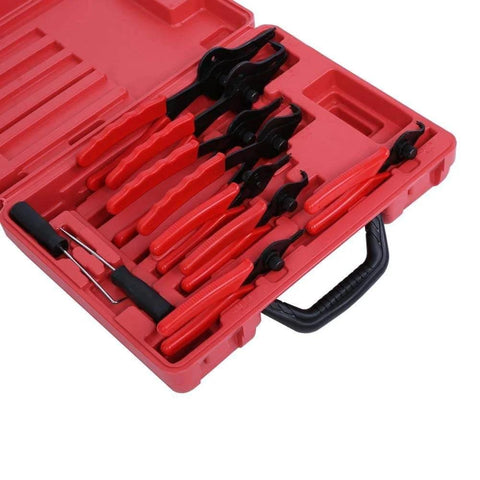 Heavy Duty Snap Ring Pliers Set 11 Piece For Internal And External Circlip Rings Retaining Ring Removal Tools For Autos Pro Grade Lawn Mowers Farm Equipment Built Tough Heat Treated Steel Reversible Tips For Easy Use in red case with tools visible.
