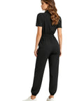 Womens Zipper Front Mechanic Jumpsuit Oil Resistant Scrub Joggers Go To No Sweat Nurse Coveralls Breathable Polyester All Day Grind Workwear In Black Relaxed Fit, back view, elastic waist, short sleeves.
