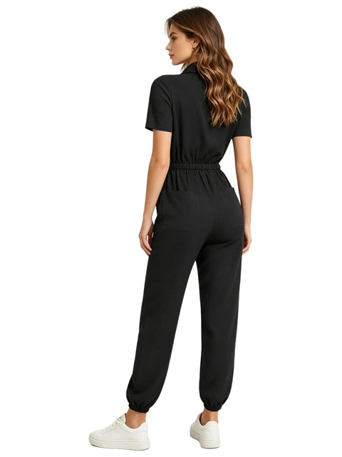Womens Zipper Front Mechanic Jumpsuit Oil Resistant Scrub Joggers Go To No Sweat Nurse Coveralls Breathable Polyester All Day Grind Workwear In Black Relaxed Fit, back view, elastic waist, short sleeves.