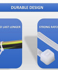 Close-up of 11 Inch White Nylon Zip Ties 1000 Pack 50 Lb Tensile Strength Self Locking Cable Ties, strong head and securing cables.