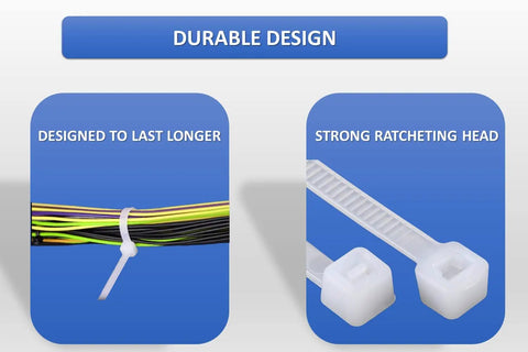 Close-up of 11 Inch White Nylon Zip Ties 1000 Pack 50 Lb Tensile Strength Self Locking Cable Ties, strong head and securing cables.