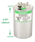 CBB65 50 5uF Dual Run Capacitor 370V 440V for air conditioners, 100mm height, aluminum body, with terminals visible