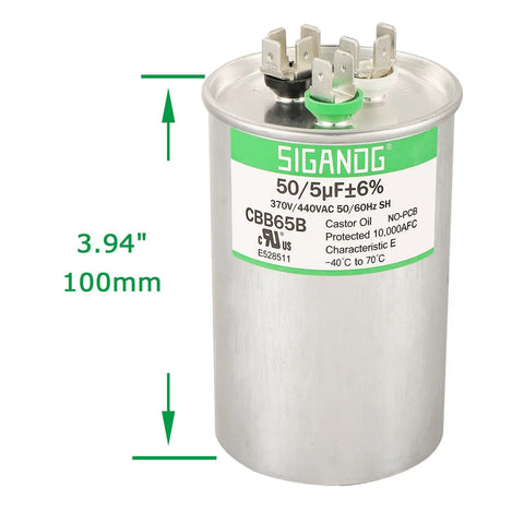 CBB65 50 5uF Dual Run Capacitor 370V 440V for air conditioners, 100mm height, aluminum body, with terminals visible