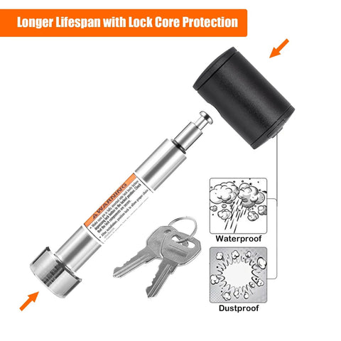 Stainless 5/8 Inch Hitch Receiver Lock Pin for Class III and IV 2-1/2 Inch Hitches Universal Trailer Lock, with keys and dust cover.