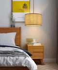 Bedroom setting with Plug In Pendant Light Kit With Twisted Hemp Rope Cord 15 Foot Dimmable On Off Switch Linen Lamp Shade Hanging Ceiling Light
