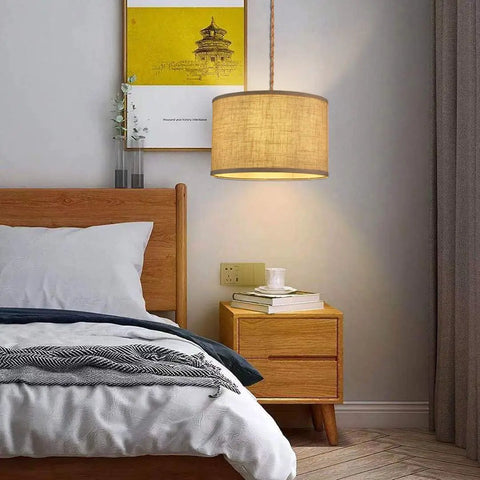Bedroom setting with Plug In Pendant Light Kit With Twisted Hemp Rope Cord 15 Foot Dimmable On Off Switch Linen Lamp Shade Hanging Ceiling Light