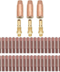 Lincoln 46-Piece MIG Welding Consumables Kit For 100L with 40 contact tips, 3 gas nozzles, and 3 gas diffusers arranged neatly