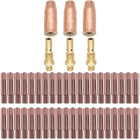 Lincoln 46-Piece MIG Welding Consumables Kit For 100L with 40 contact tips, 3 gas nozzles, and 3 gas diffusers arranged neatly